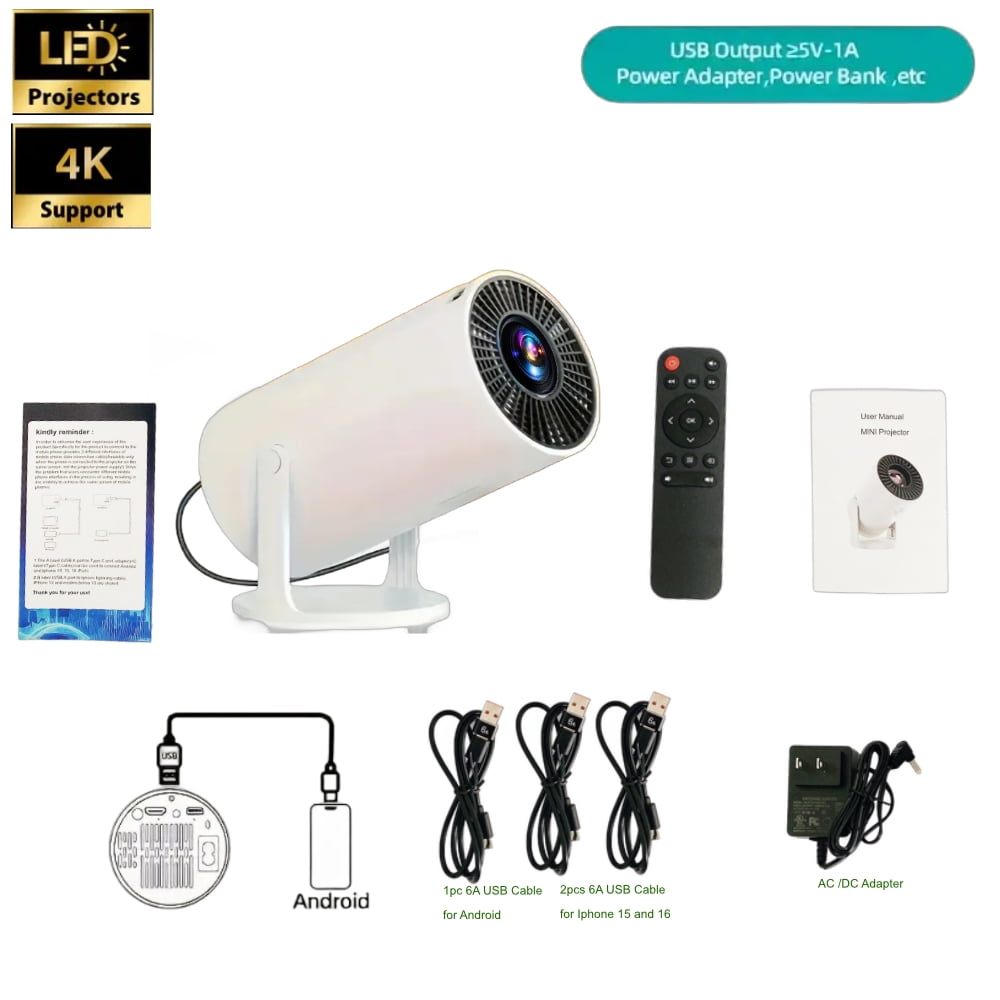 Mini Projector, with Wired Screen Sync 4K 1080P Portable Projector 180° Rotation. 17-130" Screen Video Projector. Compatible with Smartphones, Laptops, PC