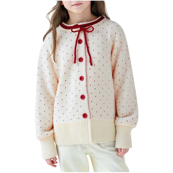 ShomPort Cardigans pour Filles Col Rond Nœud Bouton Manches Longues Extensible Mignon Respirant Automne Doux Confortable