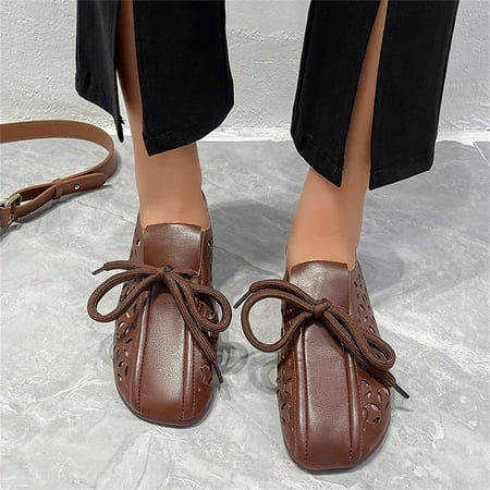 

Ladies Fashion Solid Color Hollow Out Pumps Retro Flat Lace Up Casual Shoes