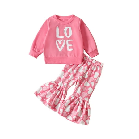 

Frobukio Valentine s Day Kids Toddler Girls Clothes Letter Print Long Sleeve Sweatshirts Heart Print Flare Pants 2Pcs Sets Rose Red 3-4 Years