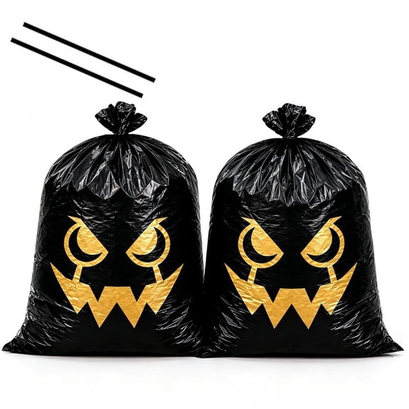 Halloween Lawn Decoration Bags Set of 2, LDPE Pumpkin Skull Leaf Waste Bags 24x30 Inch Orange Green White with Ties for Yard Porch Driveway Outdoor Spooky Decor