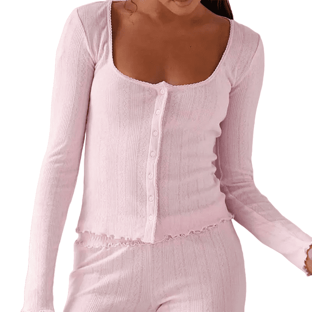 Conjunto de Pijama para Mujer, de Larga, con Botones, Top y Pantalones Cortos con Volantes, Conjunto de 2 Piezas para Estar en Casa, Ropa de Dormir Y2k. Rosa M