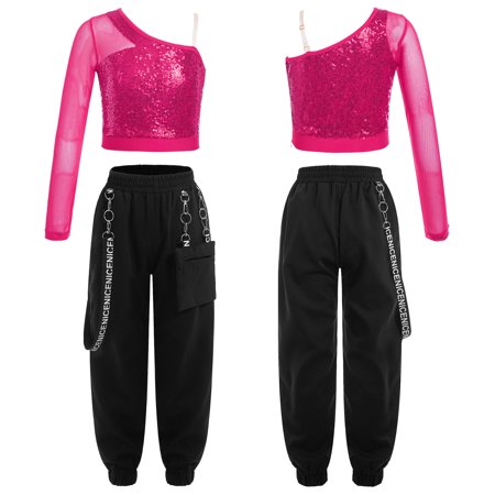 iixpin Kids Girls One Shoulder Crop Top with Jogger Cargo Pants Set Hip Hop Latin Dance Performance Costume Hot Pink 14
