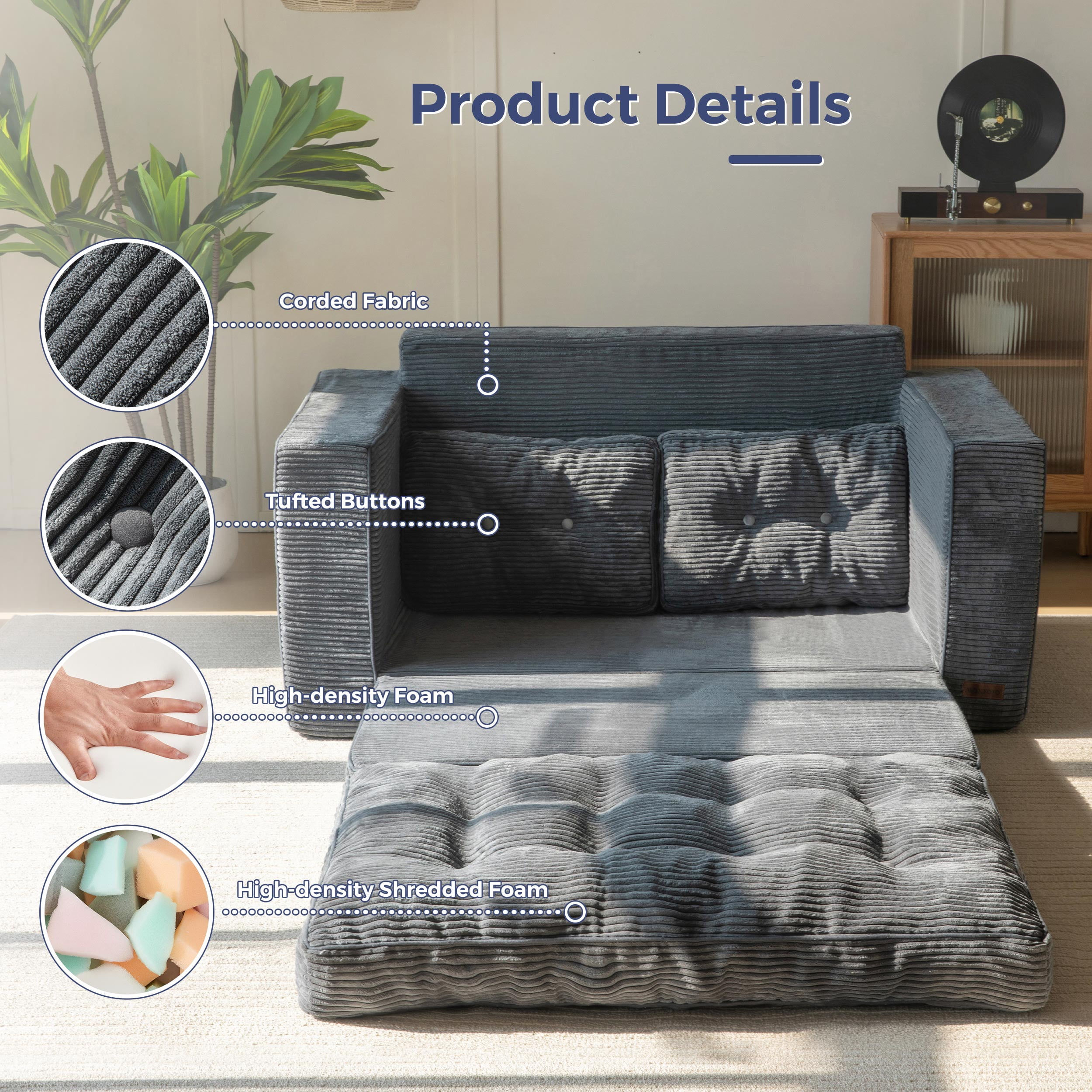 BYBYME Convertible Futon Sofa Bed,Pull Out Couch Beds Loveseat Sleeper,2 in 1 Folding Couch Bed with Pillows for Living Room Bedroom,Beige