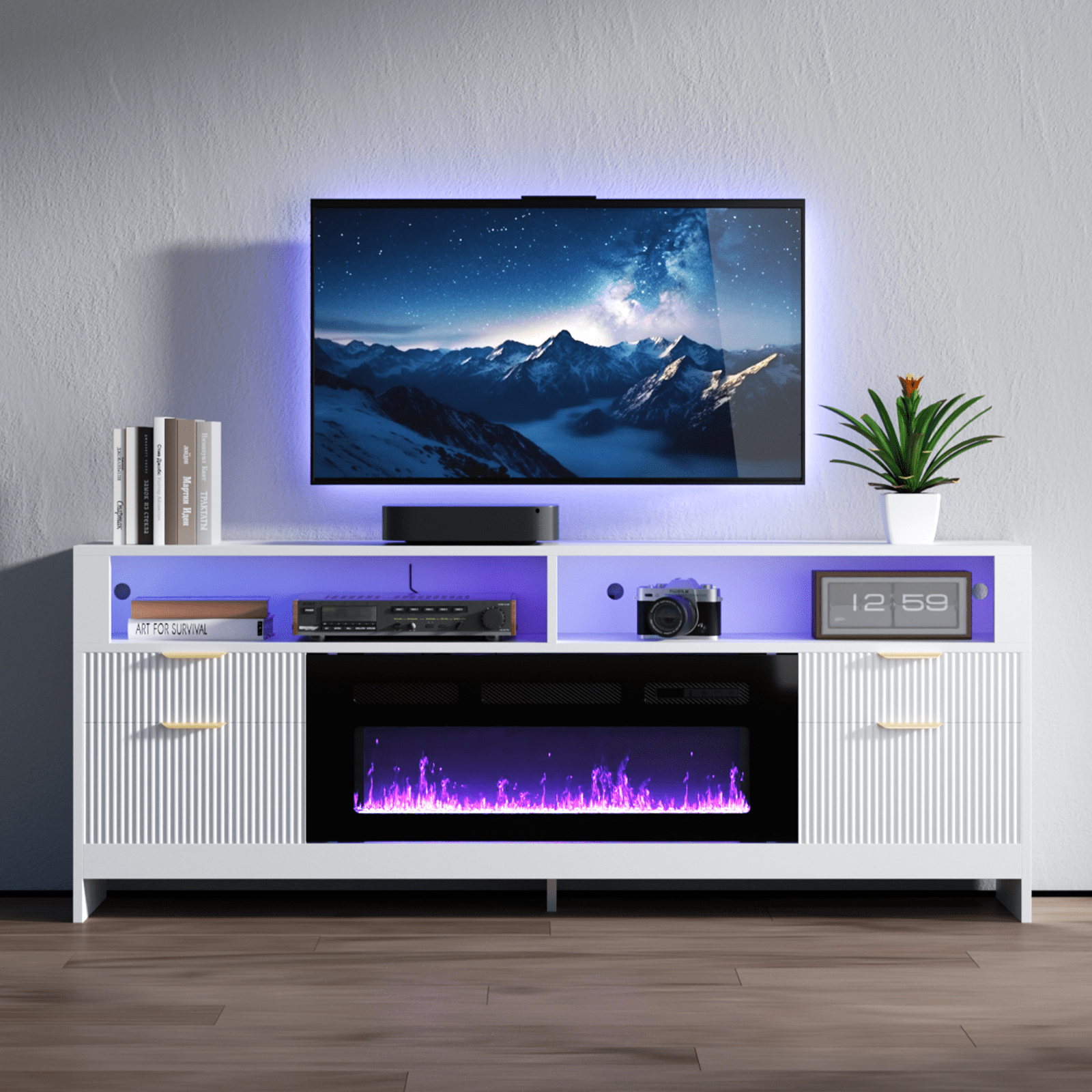 Fireplace TV Stand with 36" Electric Fireplace,LED Light Entertainment Center with Highlight Storage Cabinets Up to 80" TVs, Modern Fluted TV Stand for Living Room,Bedroom (Black)