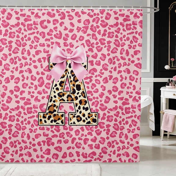 Erosebridal Brown Leopard Letter Bow Shower Curtain 72Wx72L for Girls, Cheetah Alphabet Animal Pink Waterproof Bathroom Curtain
