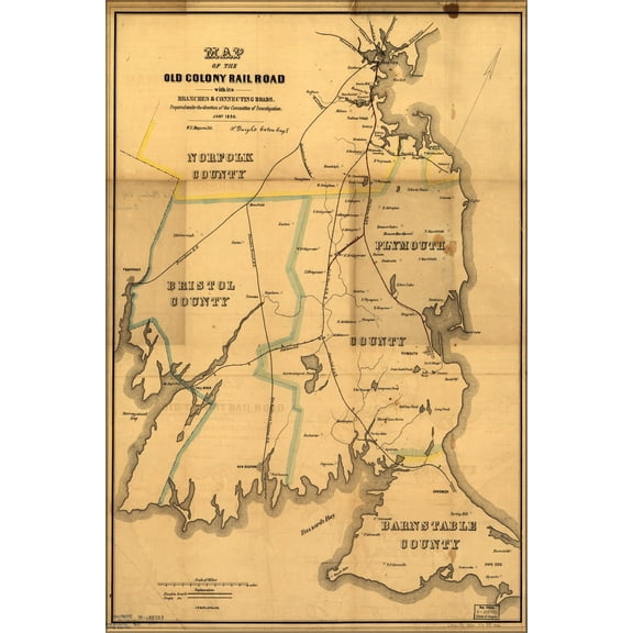 24"x36" Gallery Poster, Map of the Old Colony RailRoad massachusetts 1850
