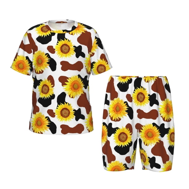 Balery Cow Print Sunflower Conjunto de Pijama Infantil de Manga Corta con Estampado – Ropa de Dormir de Algodón Suave-X-Large