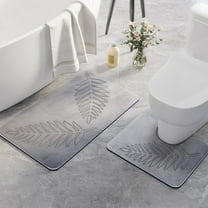 Leaf Pattern Bathroom Floor Mat Set | Non-Slip Water-Absorbent Polyester Rugs | Modern Design | Rubber Backing | Green Gray Navy Dark Gray | 2 Mats 40x50cm & 50x80cm | Quick Dry Door Entry Carpet