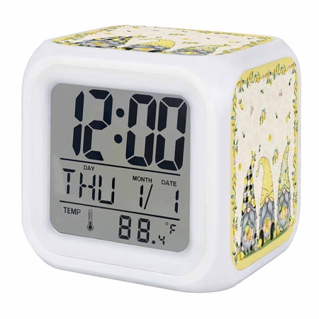 Alarm Clocks Lemon Gnome Digital Clock 7 Color LED Night Light Silent Non-Ticking Battery Operated Yellow Summer Fruit Floral Cube Clocks Decorative for Bedroom Bedside Living Room Office School