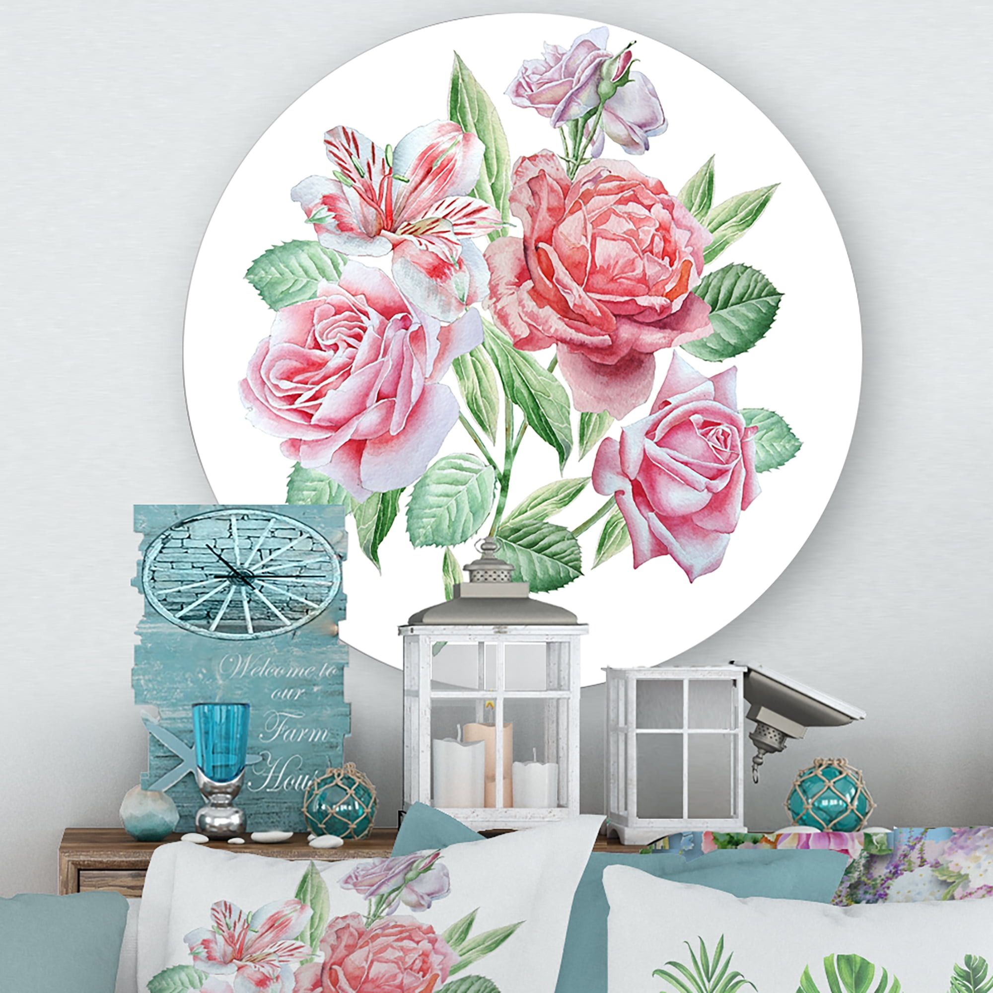 Designart 'Spring Flowers Alstroemeria Pink Roses' Traditional Circle Metal Wall Art 23x23 - Disc of 23