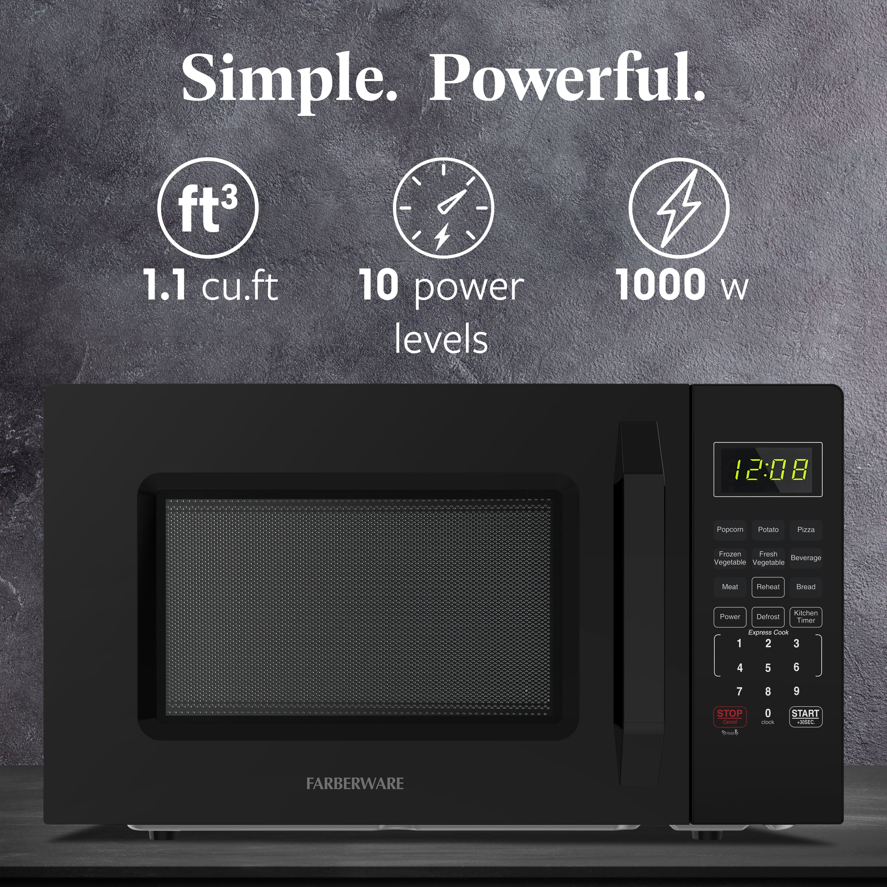 Farberware 1.1 cu ft Microwave Oven,1000W Countertop Microwave Oven with Auto Cook Menu, Black