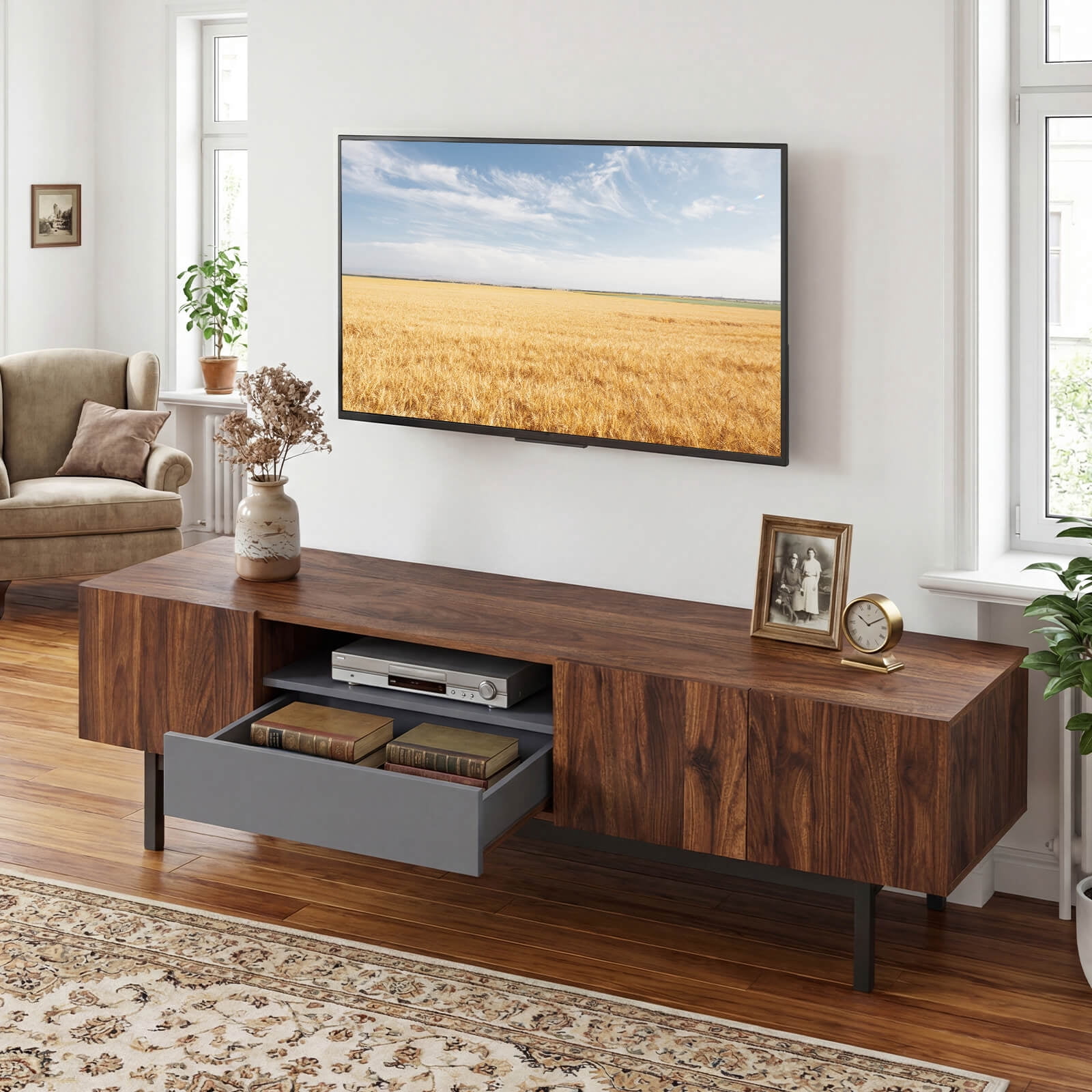Costway TV Stand for TVs up to 80” with Drawer Cable Hole Metal Legs Entertainment Center