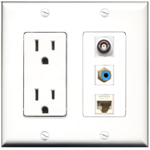 RiteAV - 15 Amp Power Outlet 1 Port RCA Blue 1 Port BNC 1 Port Cat6 Ethernet Ethernet White Decorative Wall Plate
