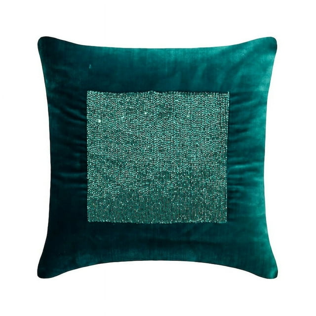 Decorative Teal Blue 20"x20" (50x50 cm) Pillow Covers, Velvet Beaded Embroidered & Chevron Pattern Throw Pillows For Sofa, Solid Color Pattern Modern Style - Esquire Teal