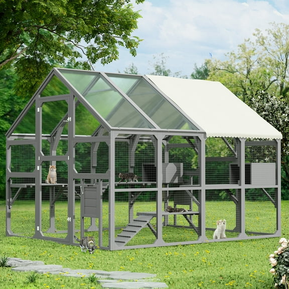 ZephyPaws Extra Large Catio Outdoor Cat Enclosure,100in Outside Cattery with Weatherproof Roof,7 Platforms,2 Resting Boxes,1 Bridge and 1 Ramp,Gray
