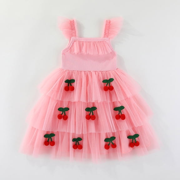 Girls Tutu Dress Cute Cherry Decor Flutter Sleeve A-Line Outfits Toddler Sweet Layered Tulle Princess Dress Pink 2-3 Years