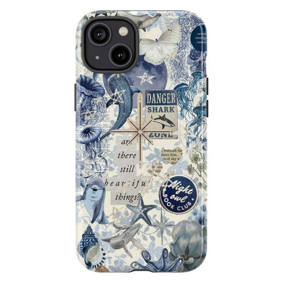 Ocean Life Collage Phone Case, Blue & White Shark Jellyfish Starfish Design, Protective Cover for iPhone 17 16 15 14 13 12 11 Pro Plus Mini