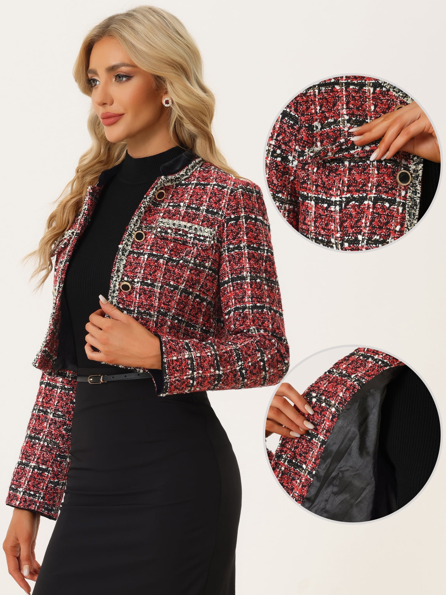 DARING DIVA Women's Double Breasted Plaid Tweed Cropped Jacket L Red