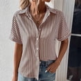 thumbnail image 2 of XFLWAM Women's Short Sleeve Button Down Shirts Striped Office Casual Business Summer Blouses Coffee S, 2 of 6
