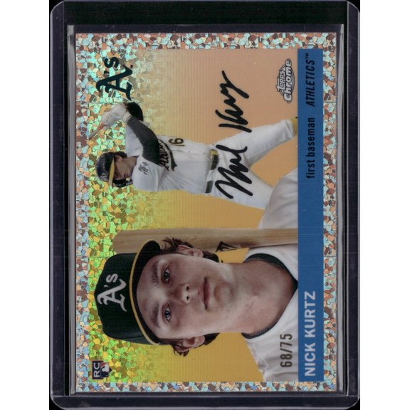 Collectible 2025 Topps Heritage Chrome Yellow Speckle Refractor Nick Kurtz #254 RC Auto 68/75 Oakland Athletics Baseball Card Oakland Athletics MLB Autographed Ba