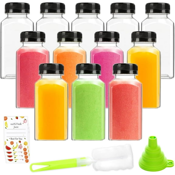 Juice Bottles, 8oz BPA-Free Plastic Bottle with Leak-Proof Lids, Reusable Drink Containers for Home, Picnic, Office(12-Pack )