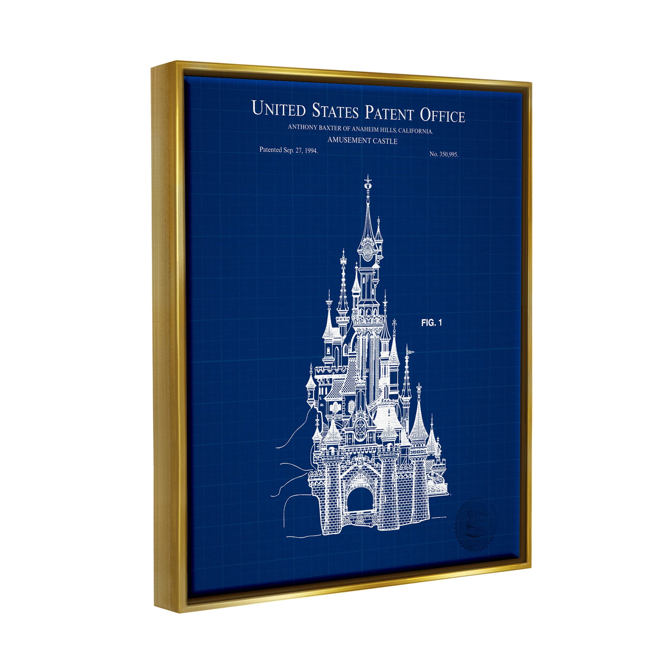 Stupell Industries Amusement Castle Blueprint Graphic Art Metallic Gold Floating Framed Canvas Print Wall Art, Design by Karl Hronek