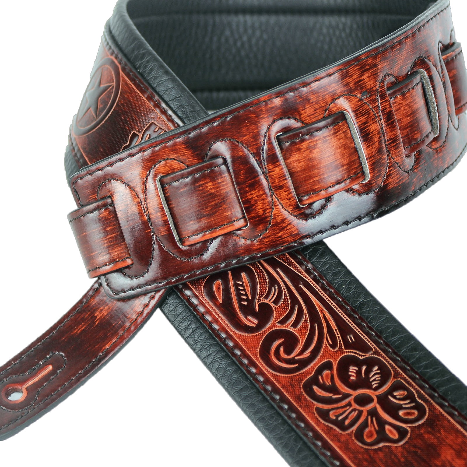 Walker & Williams GB-126 Bourbon Brown Padded Guitar Strap Texas Stars & Skulls
