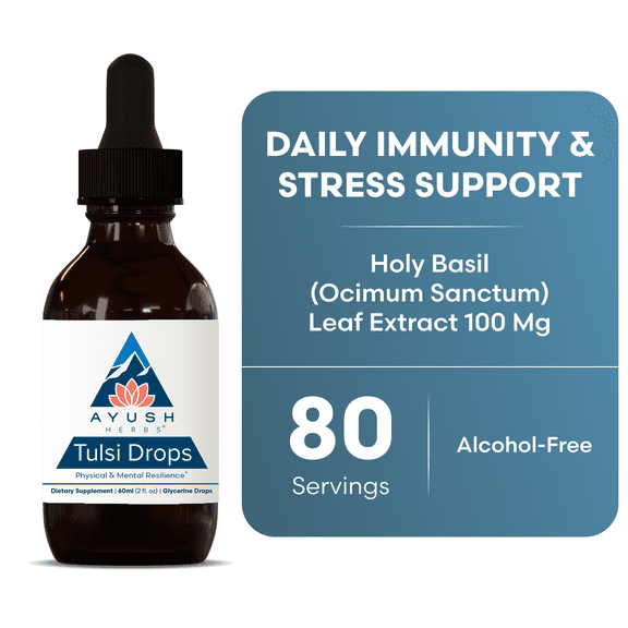 Ayush Herbs Tulsi Drops - Alcohol-Free Tulsi Drops, Holy Basil Gylcerite, Natural Immune-Support Drops, Calm & Focus Booster - 2 Fl Oz (80 Servings)