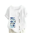 thumbnail image 2 of LEBONYARD Womens Summer Clearance Clothes $5.00,Tops for Women Trendy Sexy 2024,Women Casual Cotton and Linen Top Ocean Fish Printed Short Sleeve Button Tunic T-shirt Blouse Tops White M, 2 of 4
