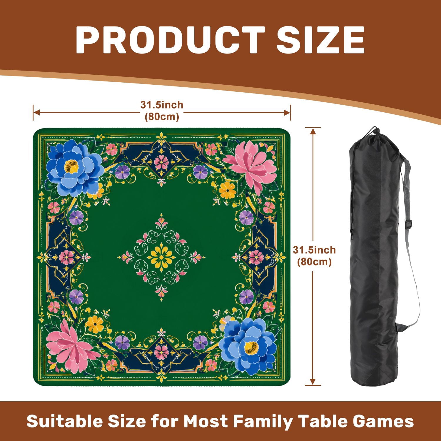 Mahjong Mat 31.5" x 31.5" Floral Vibrant Colors Abstract Design Green Non-Slip Noise Reduction Mahjong Tiles Table Cover for Dominoes Poker Card Board and Tile Games