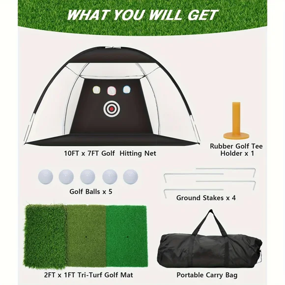 Golf Practice Net for Backyard Driving Chipping Home Golf Swing Training with Target /1 Golf Mat / 5 Golf Balls / 1 Golf Tee/Bag 3m practice net
