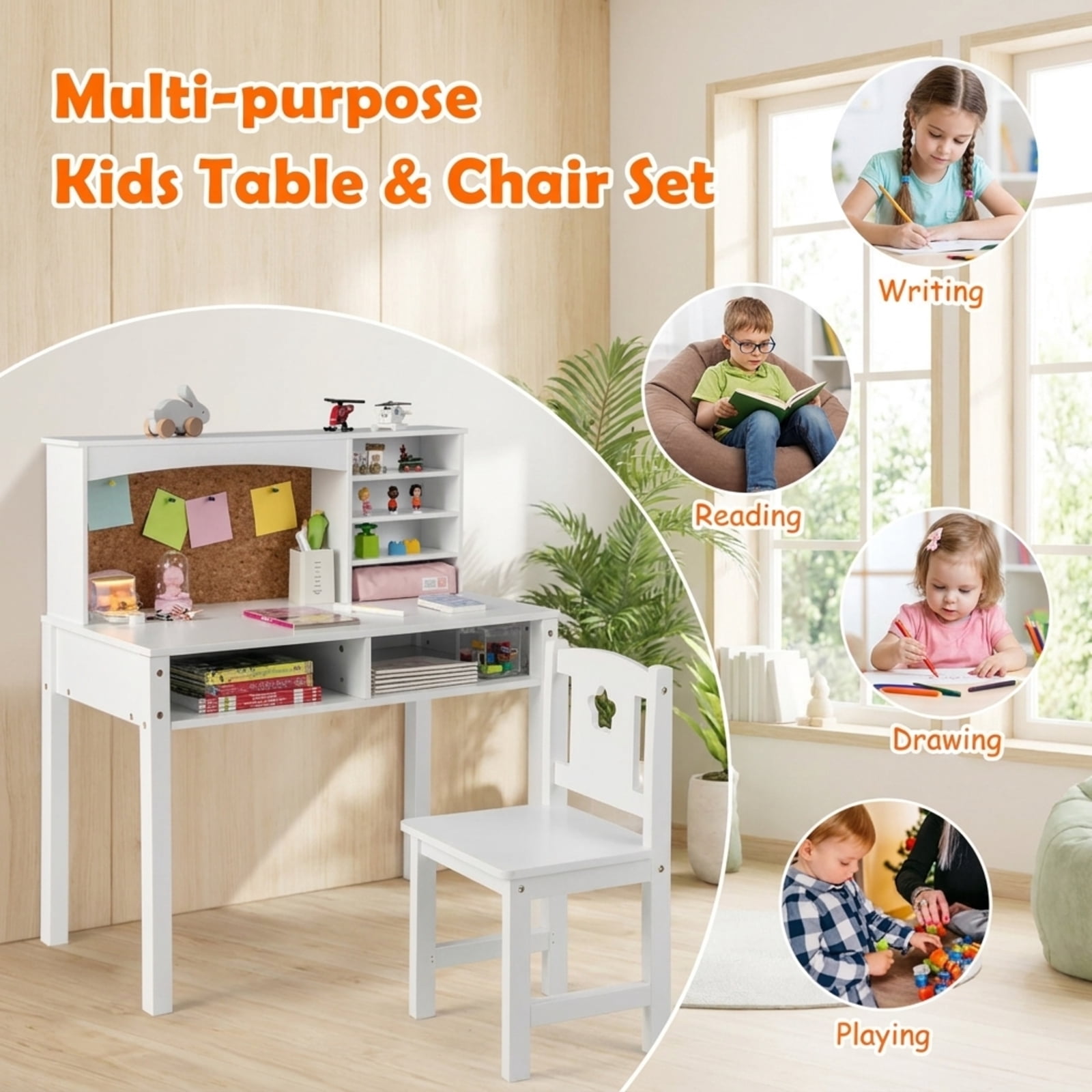 Furnibear Kids Desk and Chair Set with Hutch and Bulletin Board, Children Study Desk and Chair with Storage, Kids Writing Desk, White