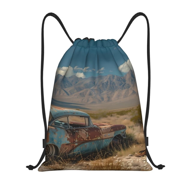 Xecao Deserted Classic Car Landscape Pattern Sports Drawstring Backpack - String Swim Gym Bag with Wet Proof Pocket for Women&Men-Small