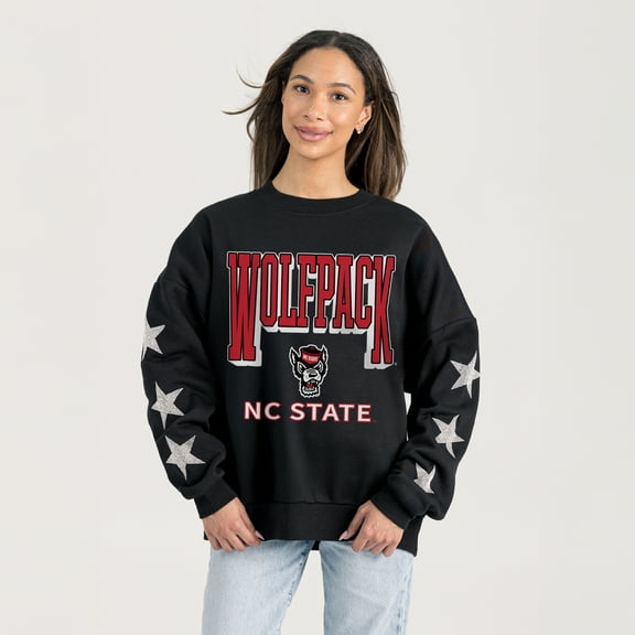 Women's Gameday Couture Black NC State Wolfpack Pure Victory Relaxed Rhinestone Pullover Sweatshirt