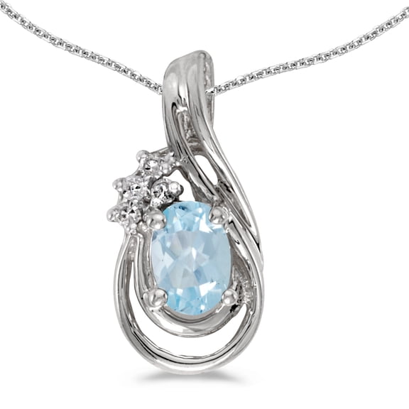 14k White Gold Oval Aquamarine And Diamond Teardrop Pendant with 18" Chain