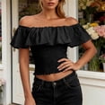 thumbnail image 3 of LEKWK Off the Shoulder Tops for Women Ruffle Short Sleeve Smocked Peasant Blouses Slim Fit Going Out Crop Tops Summer Fashion Beach Vacation Daily Outfits, 3 of 7