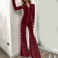 thumbnail image 6 of Women's Casual Jumpsuit Fashion Zip Front Flared Hem Pants Velvet Jumper Slimming Long Sleeve Side Star Print Long Romper, 6 of 7