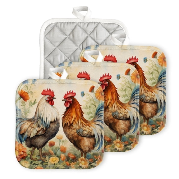Bahomeck Pot Holder 4Pcs,Roosters Surrounded By Flowers And Plants Square Heat Resistant Hot Pads For Kitchen Cooking Oven With Hanging Loop Potholder Easy To Store