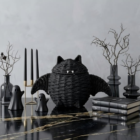 Halloween Black Bat Woven Basket with Lid - 15.7" Spooky Cute Rattan Candy Holder, Decorative Rope Storage Bin for Holiday Treats, Party Supplies & Desk Decor