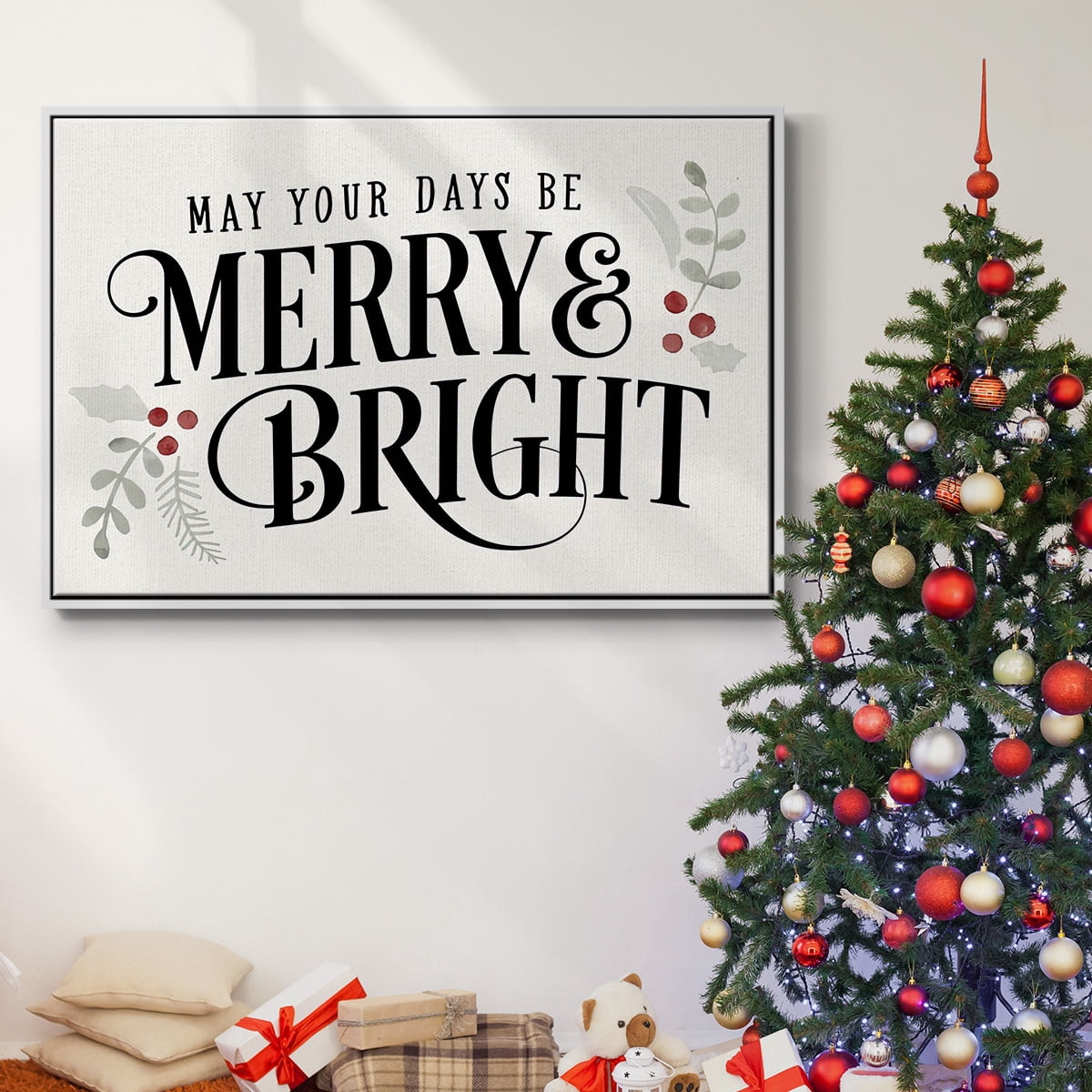 Merry Sentiment II - Framed Gallery Wrapped Holiday Canvas - 25 x 37 - White Frame