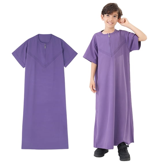 Boys Thobe Short Sleeve Zipper Purple Long Thobe Eid Outfit Boys 13-14 Years Clothes