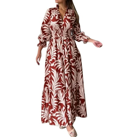 

Women V Neck Long Sleeve Printed Dress Waist Pullover Boho Long Dress Petite Aline Dress Women s Casual T Shirt Dresses Reception Dress Woman Night Gown Dress Summer Knit Dress Women Women Dress Long