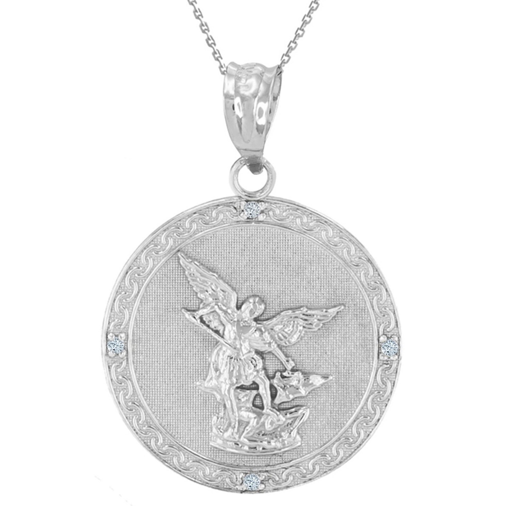 .925 Sterling Silver Patron Saint Michael Archangel Cubic Zirconia Medallion Pendant Necklace (Pendant with 18" chain)