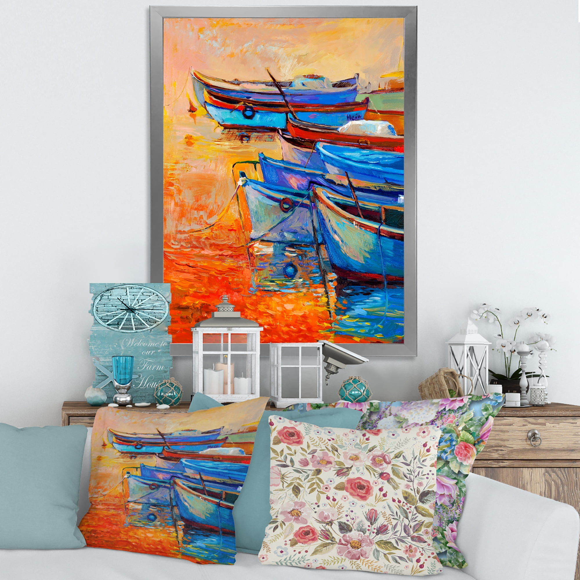 Designart 'Boats During Warm Sunset Resting On The Water VIII' Nautical & Coastal Framed Art Print