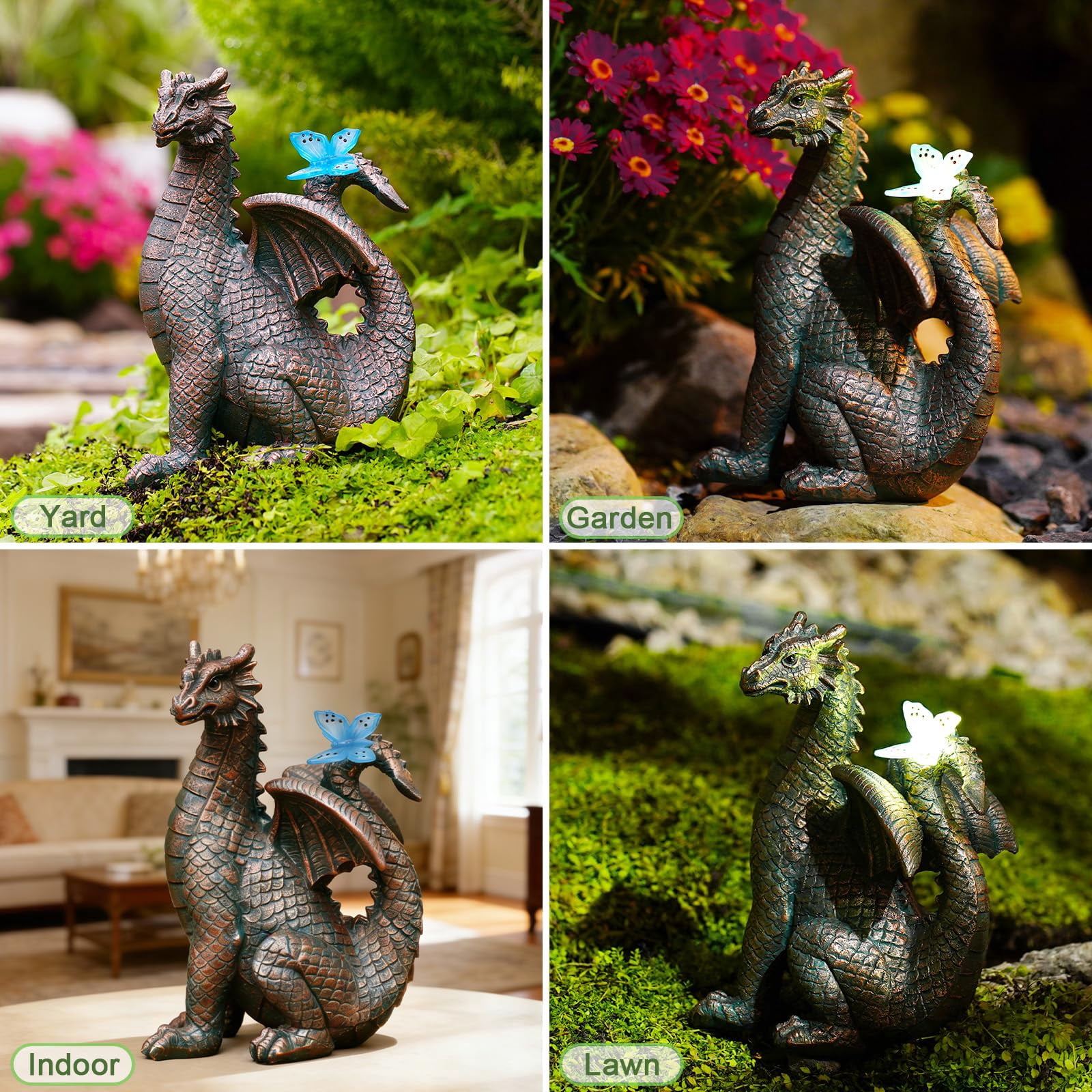 Solar Dragon Outdoor Statues For Garden: Outside Decor With Butterfly Clearance Yard Art Lawn Ornaments Porch Patio Balcony Home House Mom Grandma Women
