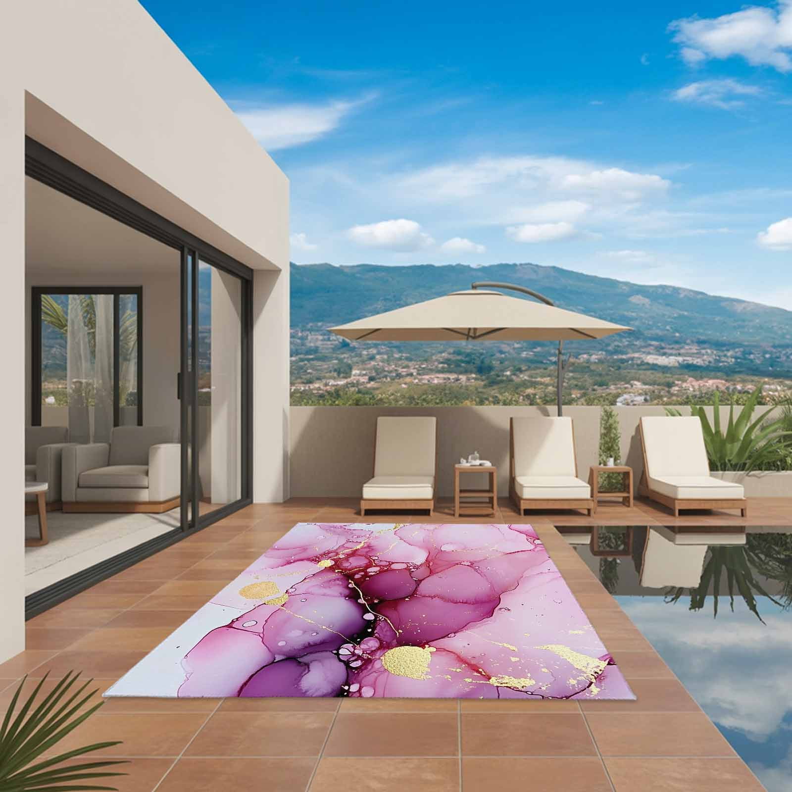 Outdoor Rug 5x8ft Ombre Pink Golden Marble Texture Large Area Rug Abstract Art Indoor Outdoor Carpet Outdoor Rugs Mats for Patio Camping,RV,Front Door, Outside Decor