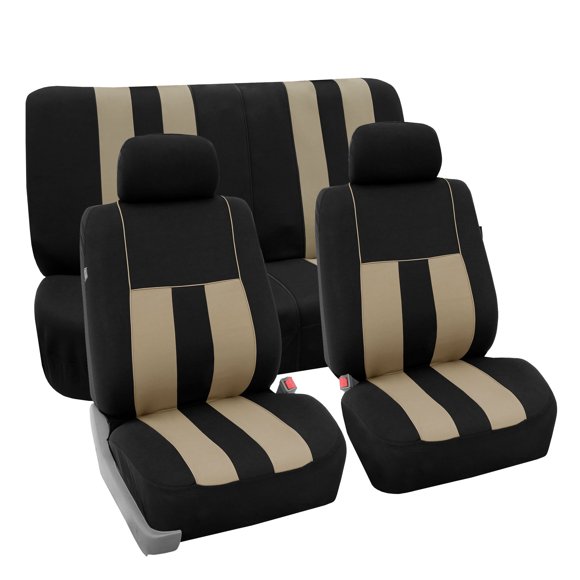 FH Group Striking Striped Seat Covers fro Auto, 2 Headrest Cover Full Set, Black and Beige