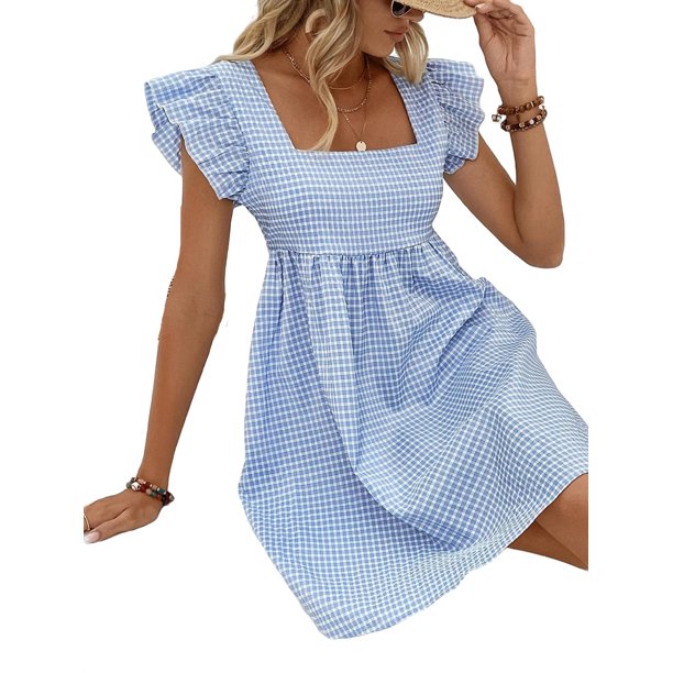 Cute Gingham Print Square Neck A Line Dress Sleeveless Blue and White