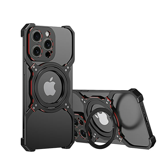 Aluminum Frameless Bumper Case for iPhone 14 Pro with Kickstand 360° Rotatable Magnetic Stand,Bezel Less Minimalist Metal Slim Hard Shockproof Ultra Thin Case with Ring Holder for Men,Black Red